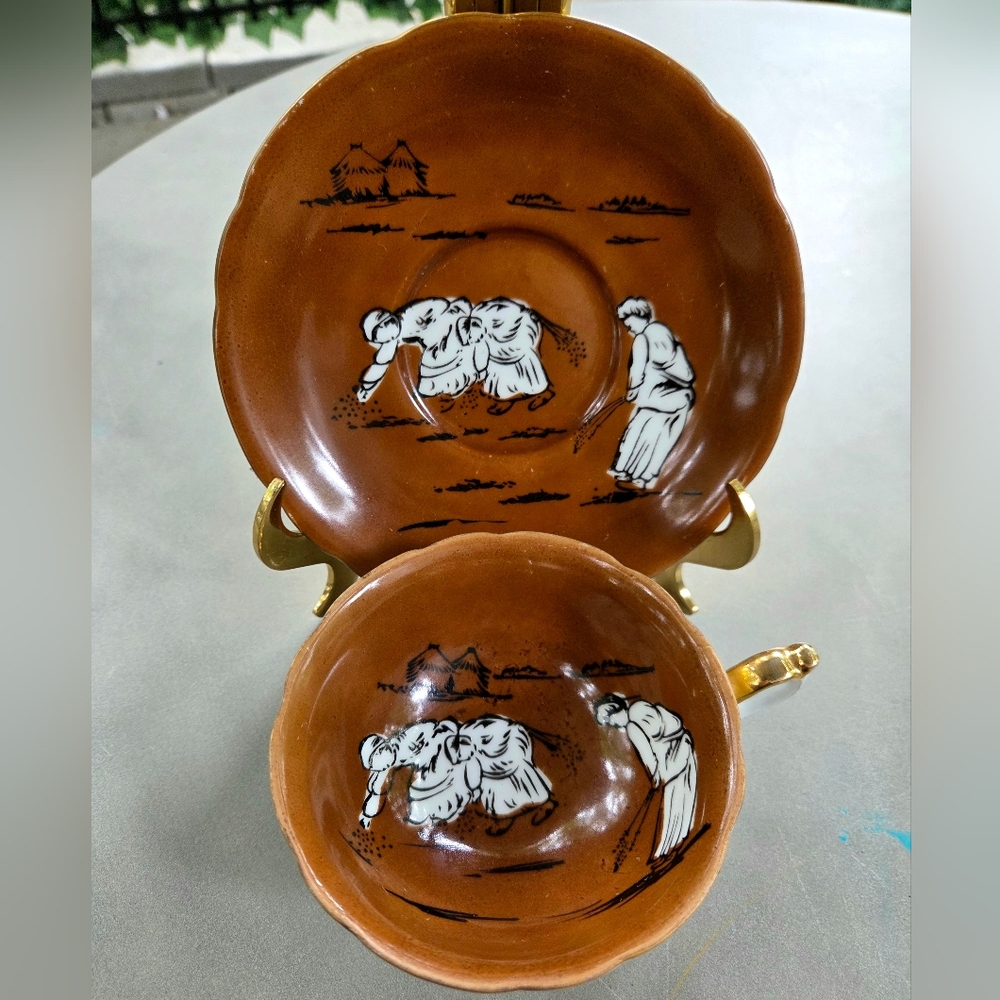Very Rare 1940s Numbered Norcrest Rice Paddy Scene Brown Teacup & Saucer #8/599